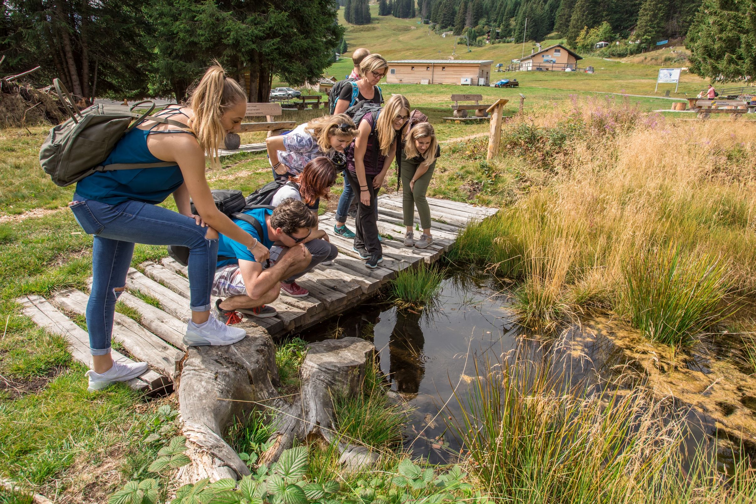 Περίπατος στη βαλτώδη περιοχή με πολλούς ανθρώπους που εξερευνούν ένα υδροφόρο σημείο