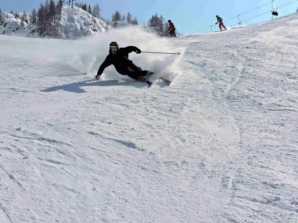 스키학교: 겨울의 눈 덮인 산에서 멋진 그룹과 함께 스키를 배워보세요.