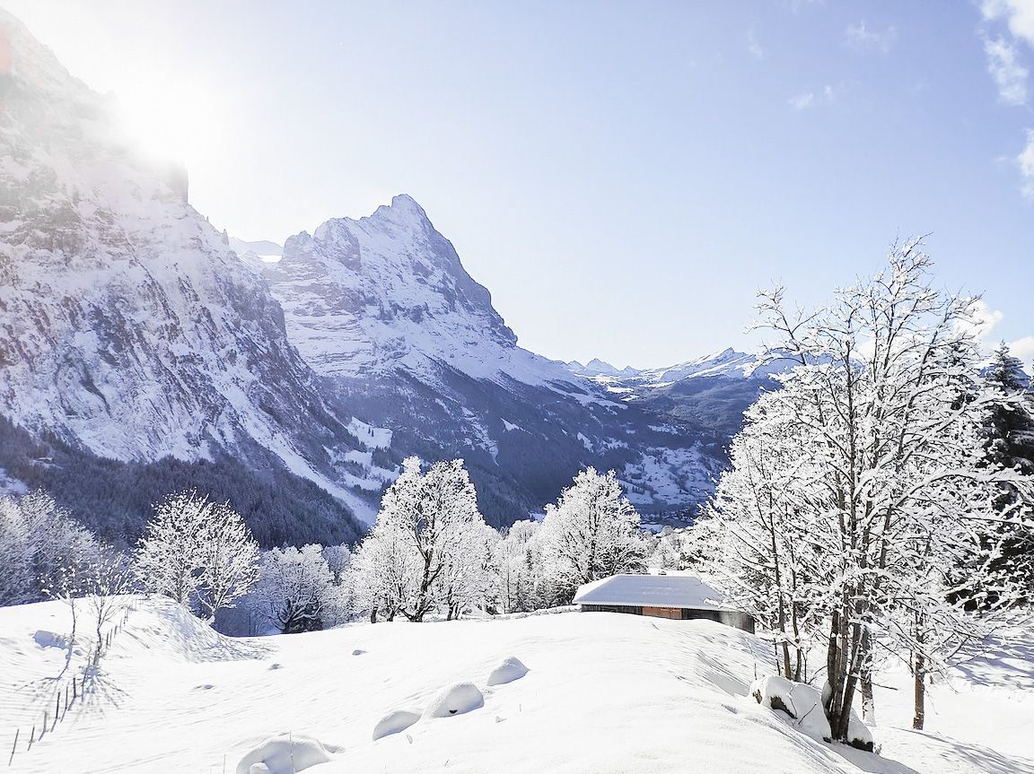 Χειμερινό περπάτημα με χειμερινά μονοπάτια: Χιονισμένο τοπίο με τον Wetterhorn στο βάθος και ατμόσφαιρα χειμώνα.