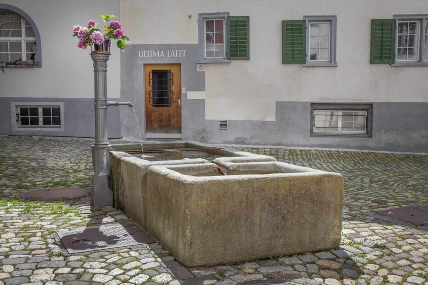 Misteriosa Chur con fontana storica e fiori