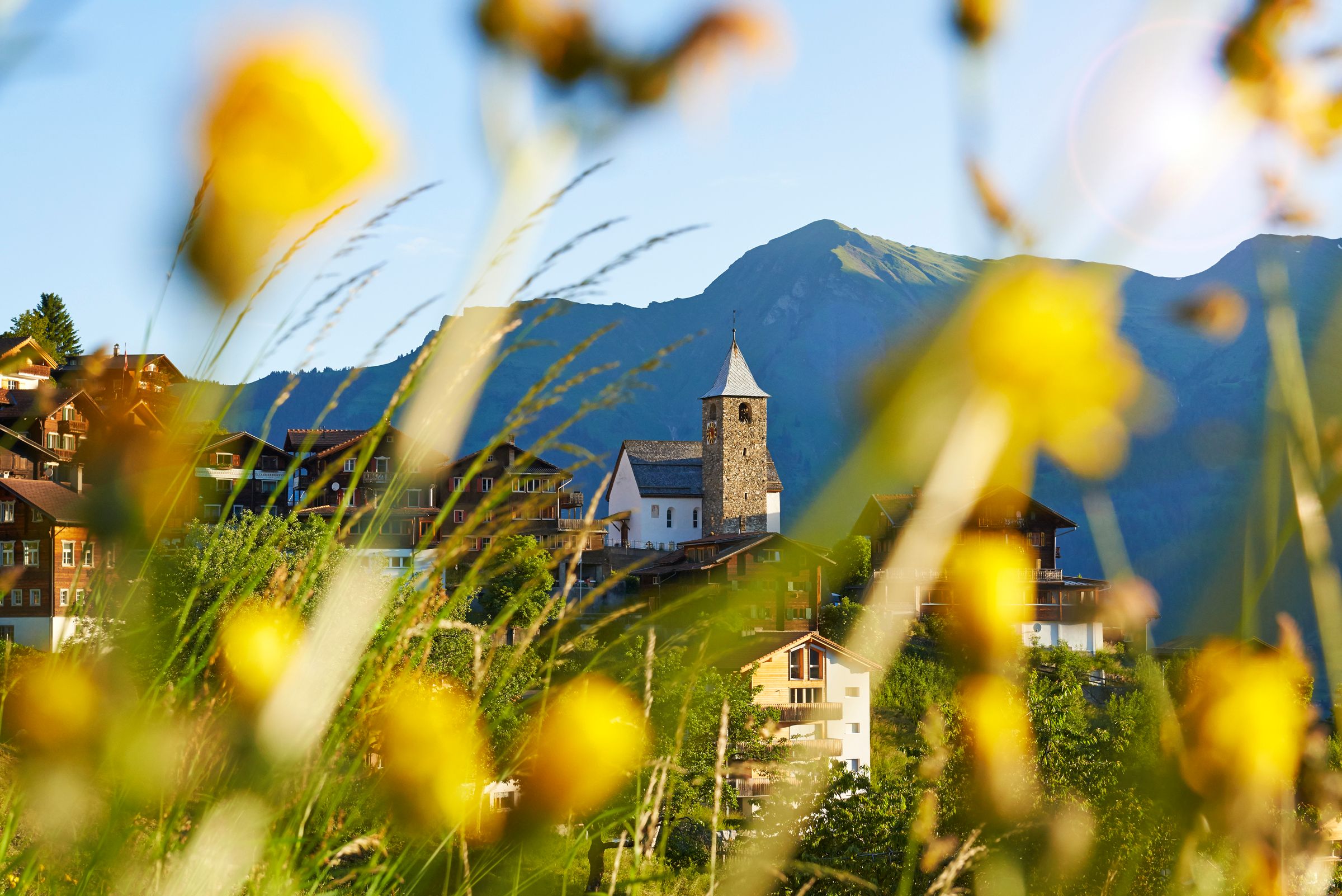 Tschiertschen: malerische Berglandschaft mit blühenden Wiesen und historischer Architektur im Sommer.