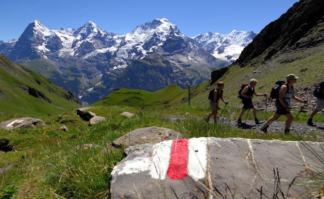 Caminhar no Schilthorn, caminhantes em um trilho de montanha com vista para os Alpes.