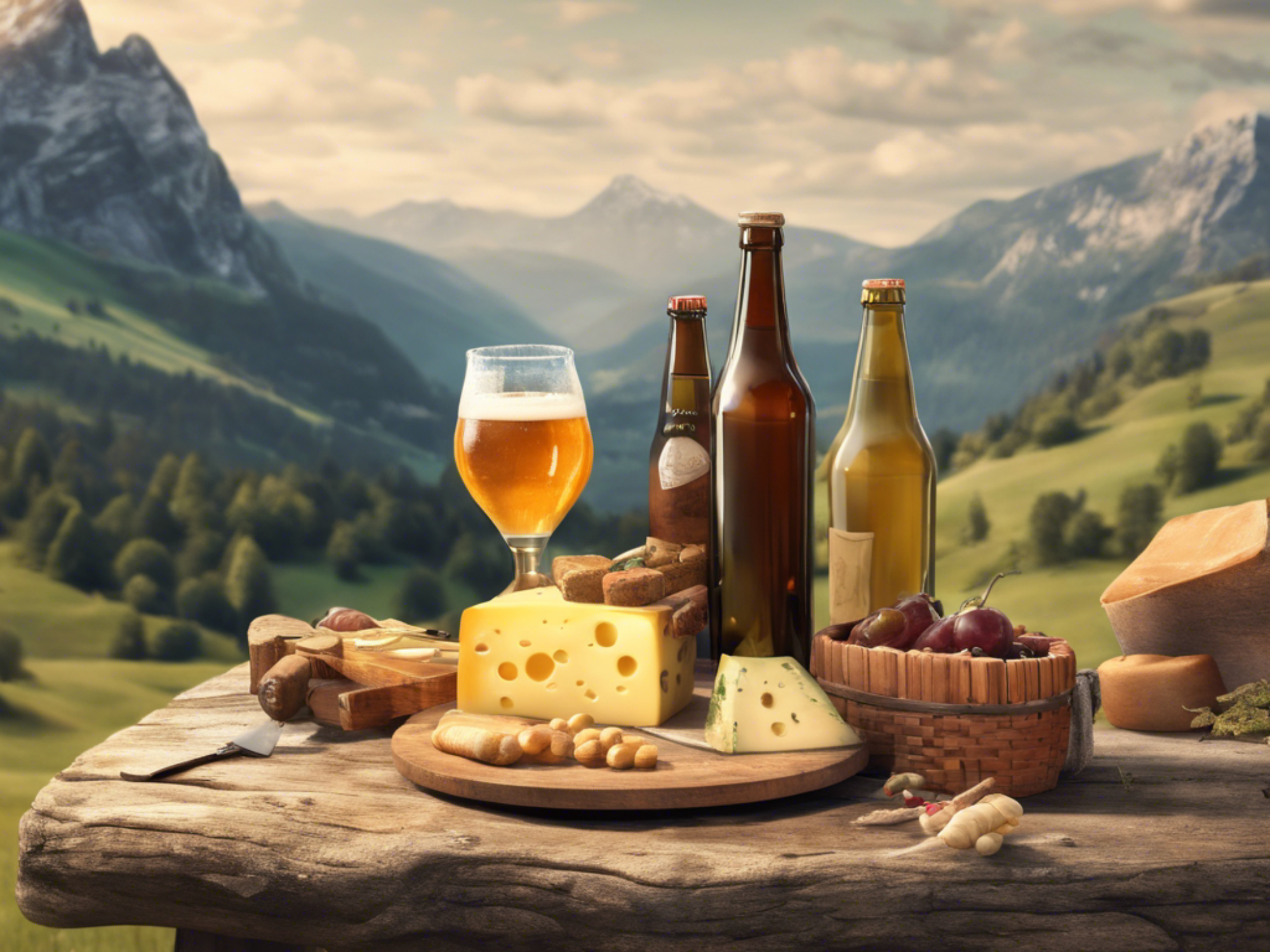 Bier: Geniesse kuehles Bier und köstlichen Käse in einer idyllischen Berglandschaft.