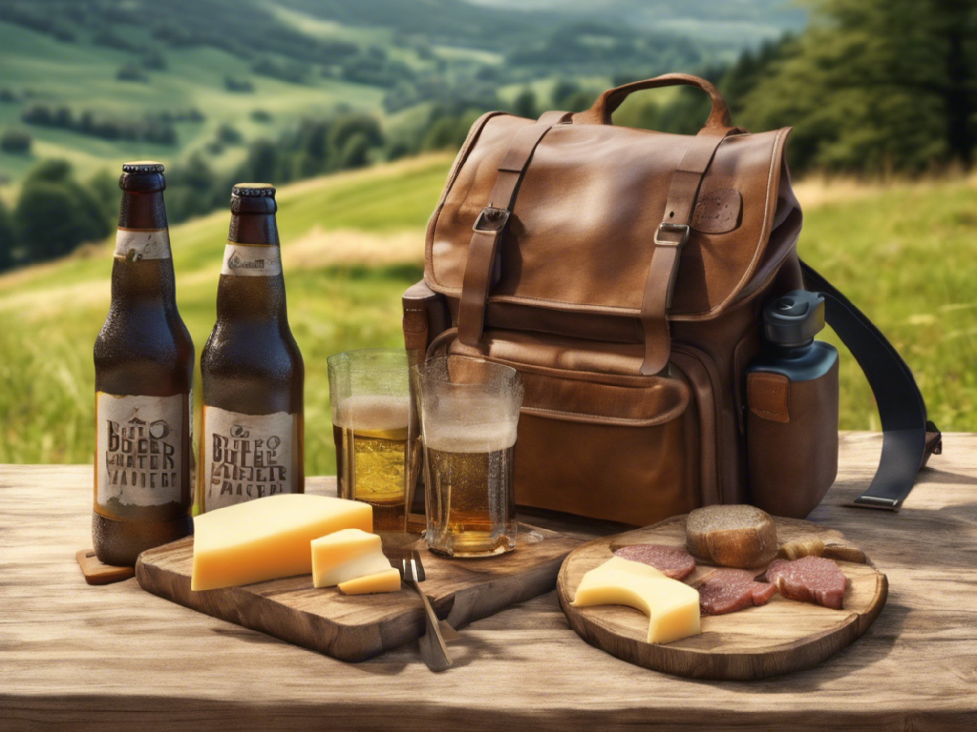 Bier und Snacks: genieße kuehne Kombination aus Bier, Kaese und Wurst in der Natur